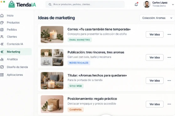 Ideas de marketing sugeridas por TiendaIA para la colección Aromas (datos de demostración)